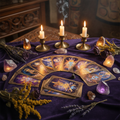 Mystical Oracle card reading scene with crystals and candles