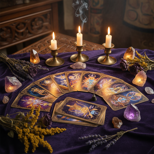 Mystical Oracle card reading scene with crystals and candles