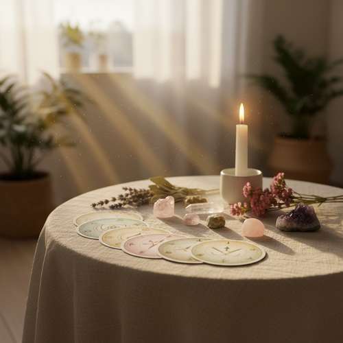 Soft mystical spiritual healing scene with oracle cards, crystals, and candlelight